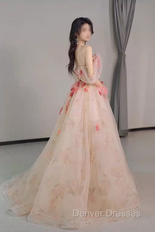 A Line Off the Shoulder Prom Dress with Flowers, Charming Tulle Party Gown Secondary image