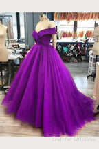 A Line Off The Shoulder Purple Tulle Prom Dress Long Evening Gown