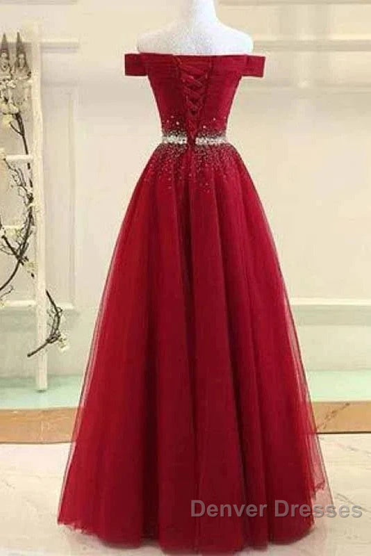 A-Line Off The Shoulder Red Tulle Prom Dress Evening Dress With Beading, Secondary image