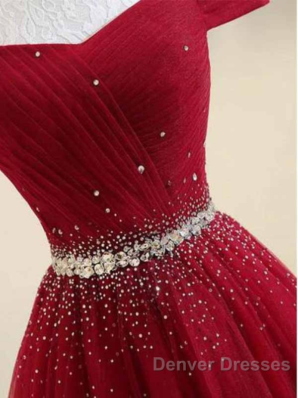 A-Line Off The Shoulder Red Tulle Prom Dress Evening Dress With Beading,