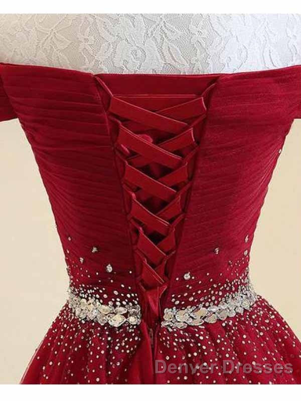 A-Line Off The Shoulder Red Tulle Prom Dress Evening Dress With Beading,