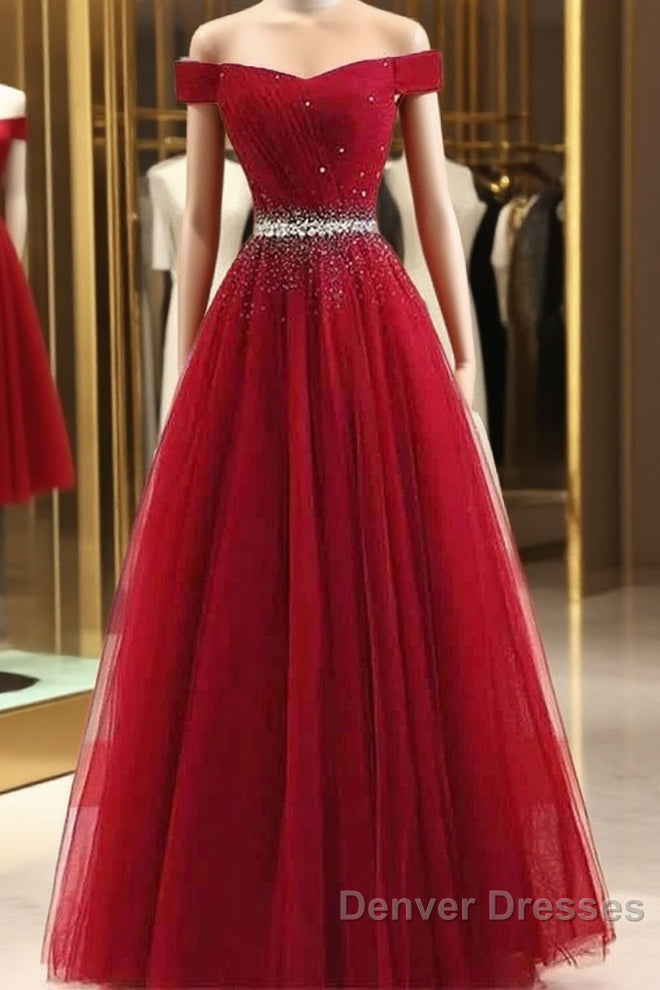 A-Line Off The Shoulder Red Tulle Prom Dress Evening Dress With Beading, Main image