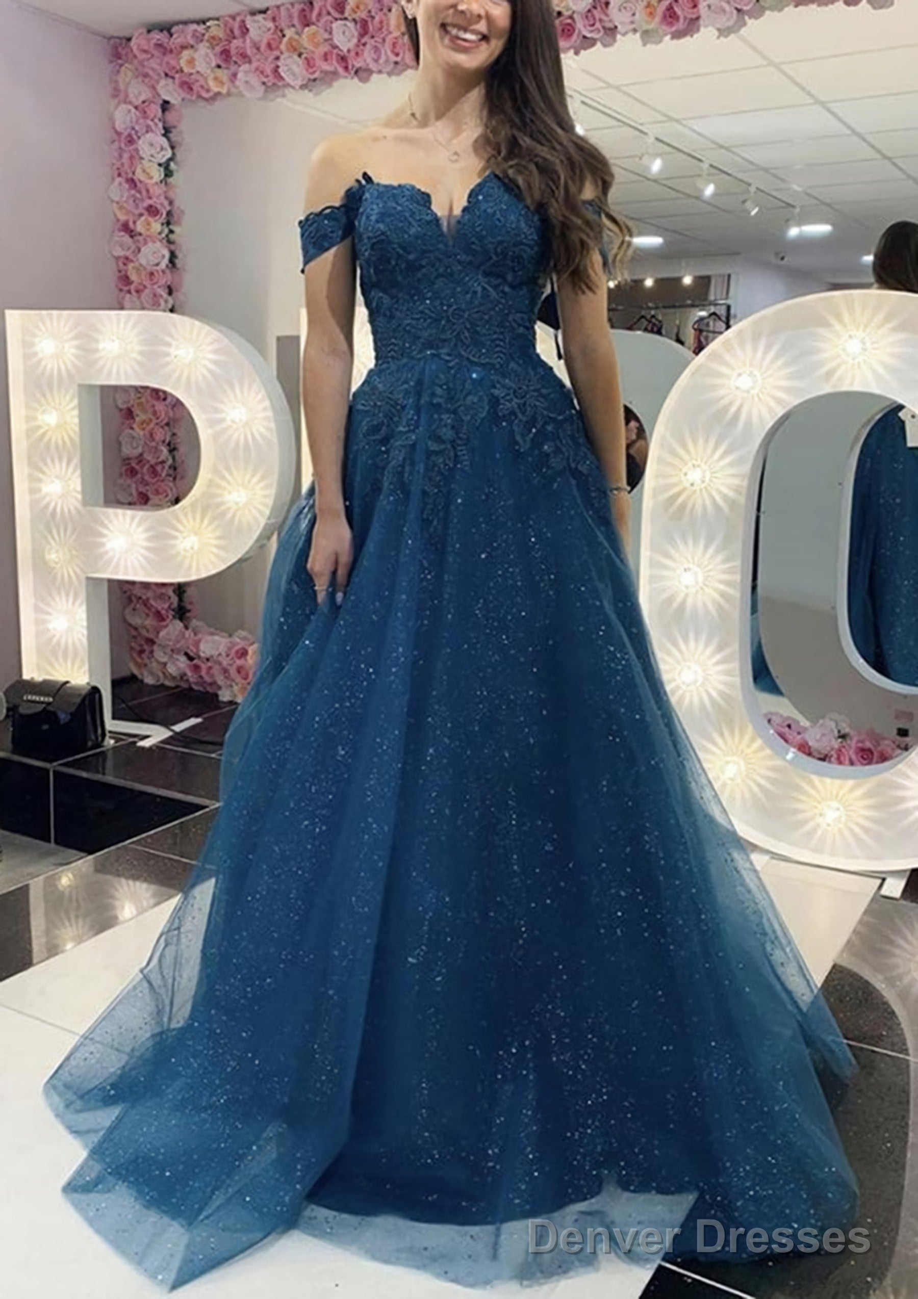 A-line Off-the-Shoulder Regular Straps Long/Floor-Length Tulle Prom Dresses With Appliqued Glitter Main image