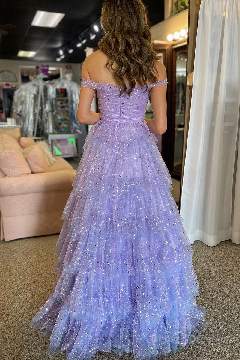 A-Line Off the Shoulder Ruffle Tiered Tulle Long Prom Dress Secondary image