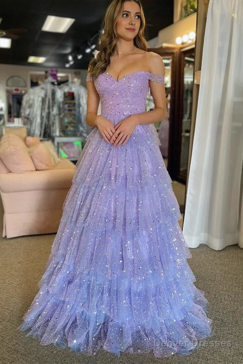 A-Line Off the Shoulder Ruffle Tiered Tulle Long Prom Dress Main image