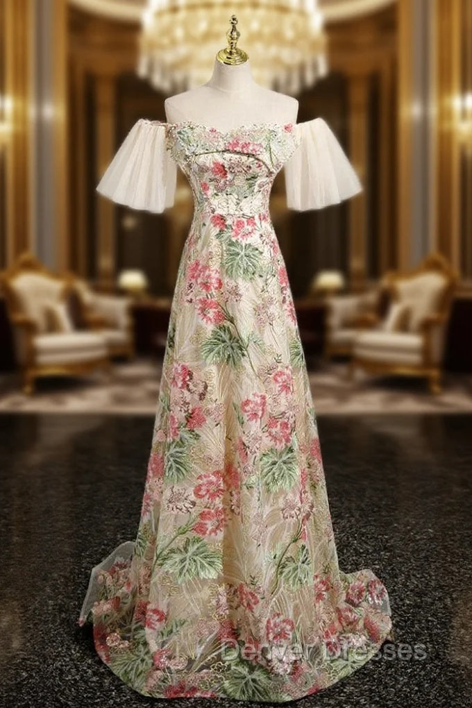 A-LIne Off the Shoulder Sequins Pearls Prom Dress Main image