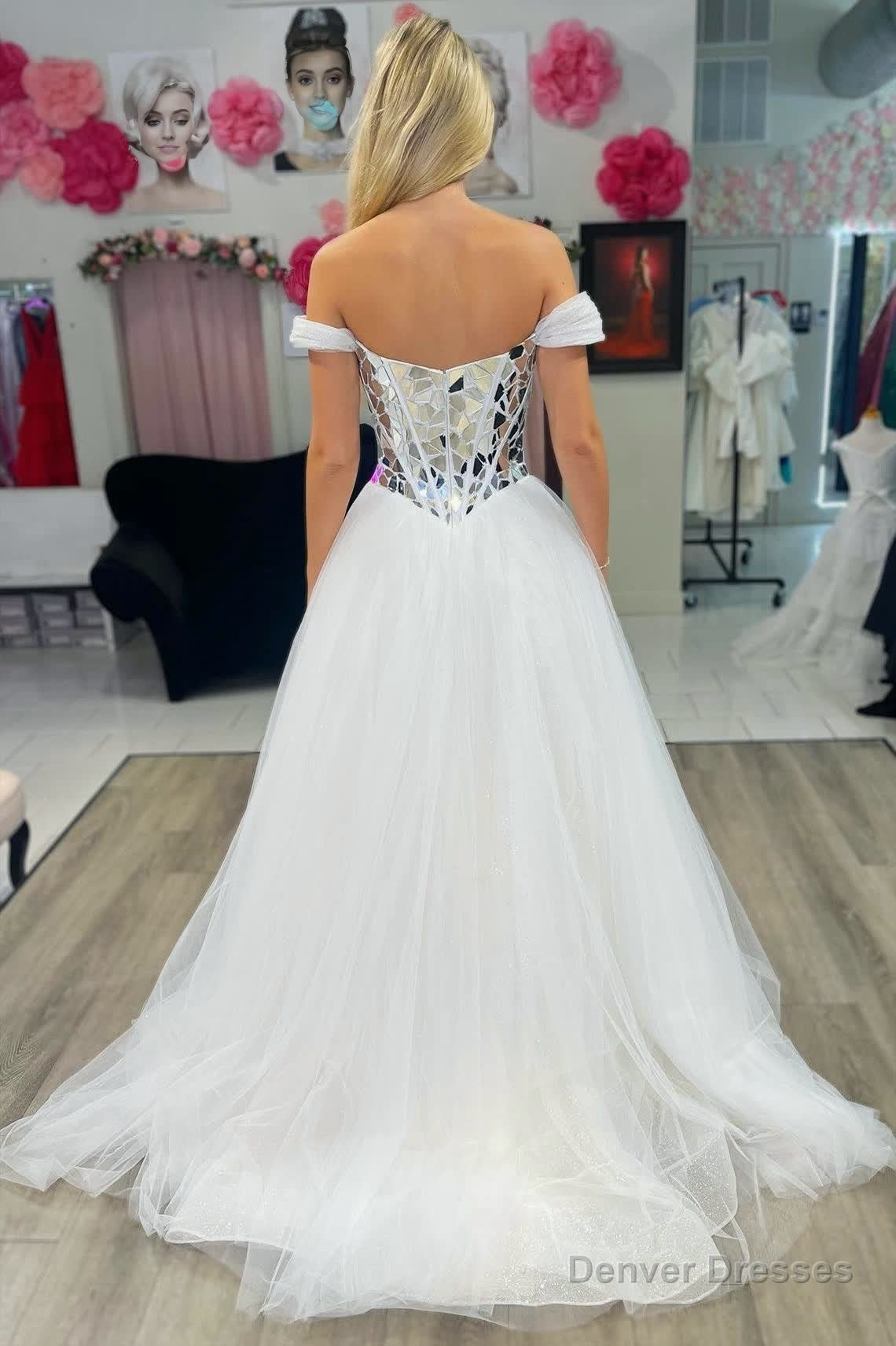 A line Off the Shoulder Sequins Tulle Prom Dress Secondary image