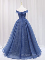 A Line Off the Shoulder Shiny Blue Long Prom Dress, Off Shoulder Shiny Blue Formal Evening Dress