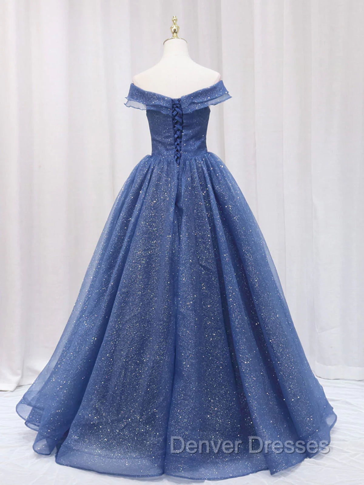 A Line Off the Shoulder Shiny Blue Long Prom Dress, Off Shoulder Shiny Blue Formal Evening Dress