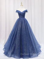 A Line Off the Shoulder Shiny Blue Long Prom Dress, Off Shoulder Shiny Blue Formal Evening Dress