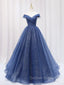 A Line Off the Shoulder Shiny Blue Long Prom Dress, Off Shoulder Shiny Blue Formal Evening Dress
