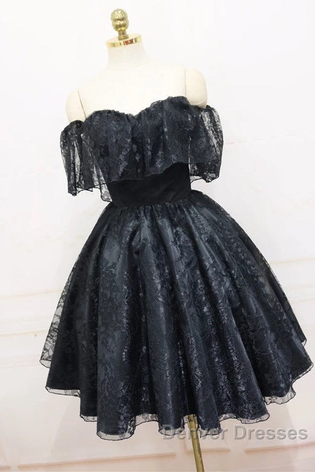 A-Line Off The Shoulder Short Black Lace Homecoming Dress Secondary image