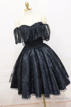 A-Line Off The Shoulder Short Black Lace Homecoming Dress