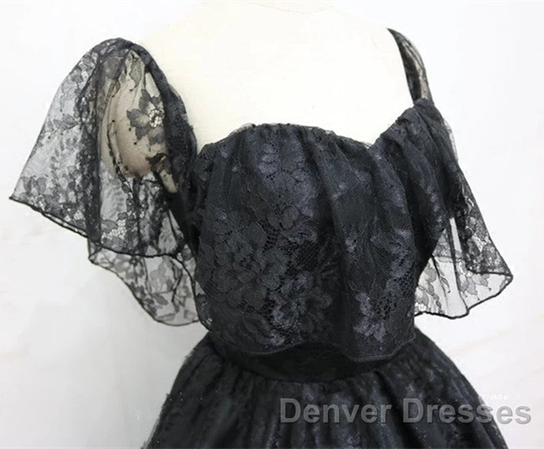 A-Line Off The Shoulder Short Black Lace Homecoming Dress