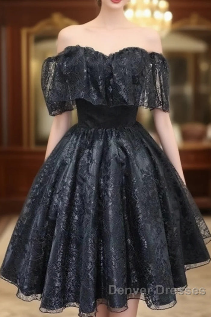 A-Line Off The Shoulder Short Black Lace Homecoming Dress Main image