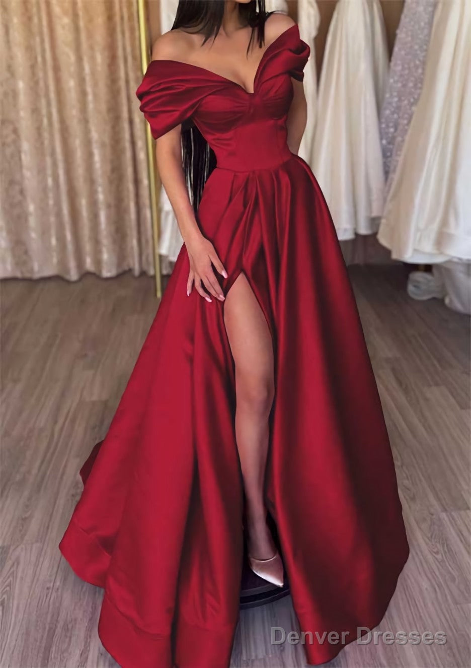 A-line Off-the-Shoulder Short Sleeve Satin Long/Floor-Length Prom Dresses With Ruffles Split
