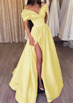 A-line Off-the-Shoulder Short Sleeve Satin Long/Floor-Length Prom Dresses With Ruffles Split