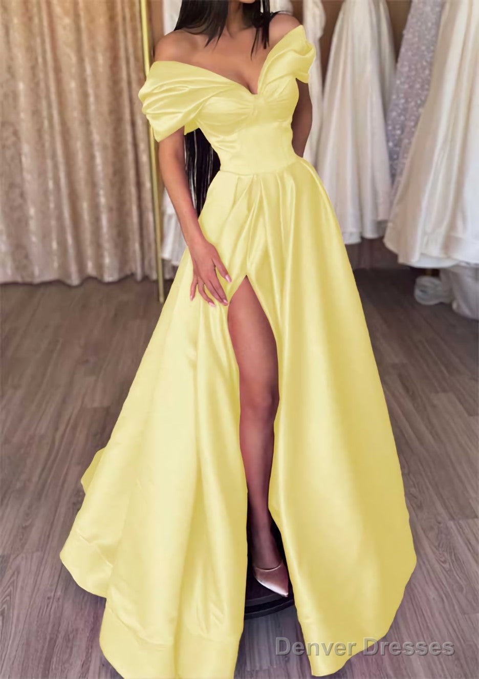 A-line Off-the-Shoulder Short Sleeve Satin Long/Floor-Length Prom Dresses With Ruffles Split