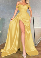 A-line Off-the-Shoulder Sleeveless Long/Floor-Length Charmeuse Prom Dresses With Pleated
