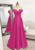 A-line Off-the-Shoulder Sleeveless Long/Floor-Length Satin Prom Dresses With Pleated