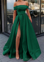 A-line Off-the-Shoulder Sleeveless Long/Floor-Length Satin Prom Dresses With Split