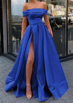 A-line Off-the-Shoulder Sleeveless Long/Floor-Length Satin Prom Dresses With Split