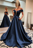 A-line Off-the-Shoulder Sleeveless Satin Sweep Train Prom Dresses With Pockets
