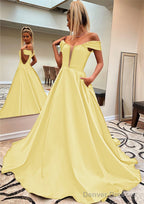 A-line Off-the-Shoulder Sleeveless Satin Sweep Train Prom Dresses With Pockets