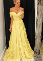 A-line Off-the-Shoulder Sleeveless Sweep Train Tulle Prom Dresses With Pleated