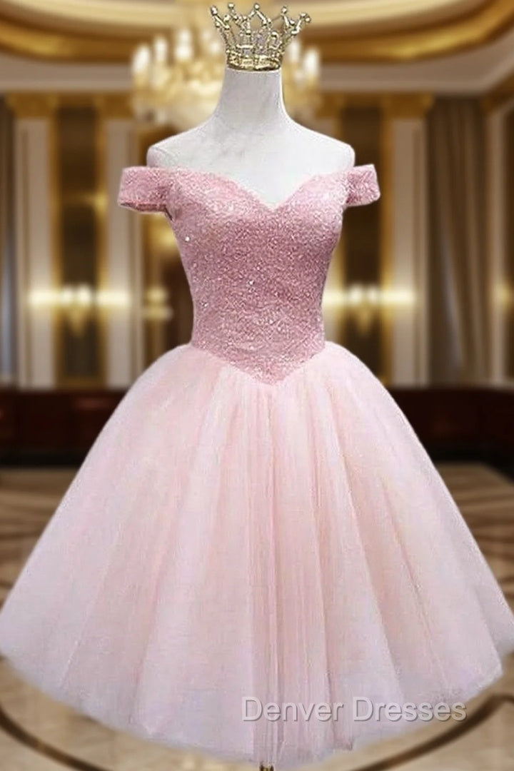 A-line Off-the-Shoulder Sleeveless Tulle Short/Mini Homecoming Dress With Sequins Beading