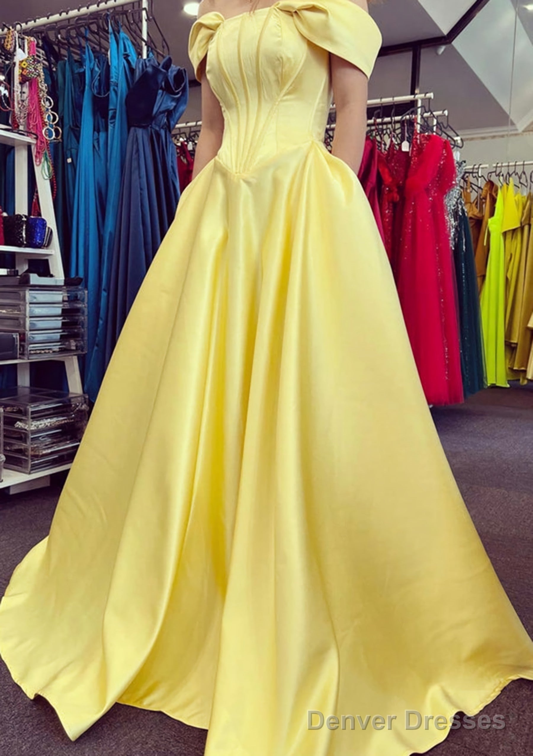 A-line Off-the-Shoulder Strapless Long/Floor-Length Satin Prom Dresses With Pleated Pockets Main image