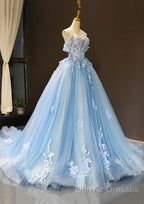 A-Line Off-The-Shoulder Sweetheart Sweep Train Tulle Prom Dress, Sky Blue Applique Wedding Dress