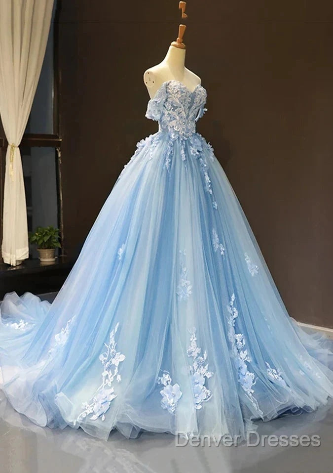 A-Line Off-The-Shoulder Sweetheart Sweep Train Tulle Prom Dress, Sky Blue Applique Wedding Dress