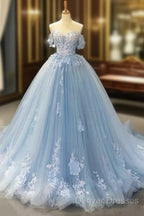 A-Line Off-The-Shoulder Sweetheart Sweep Train Tulle Prom Dress, Sky Blue Applique Wedding Dress