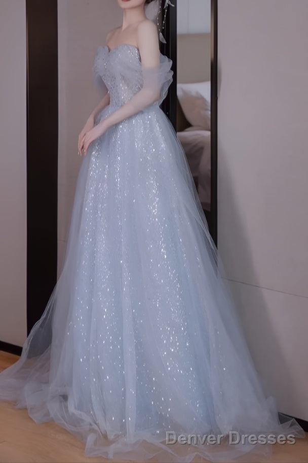 A line Off The Shoulder Tulle Gray Party Dresses Long Prom Dresses Secondary image