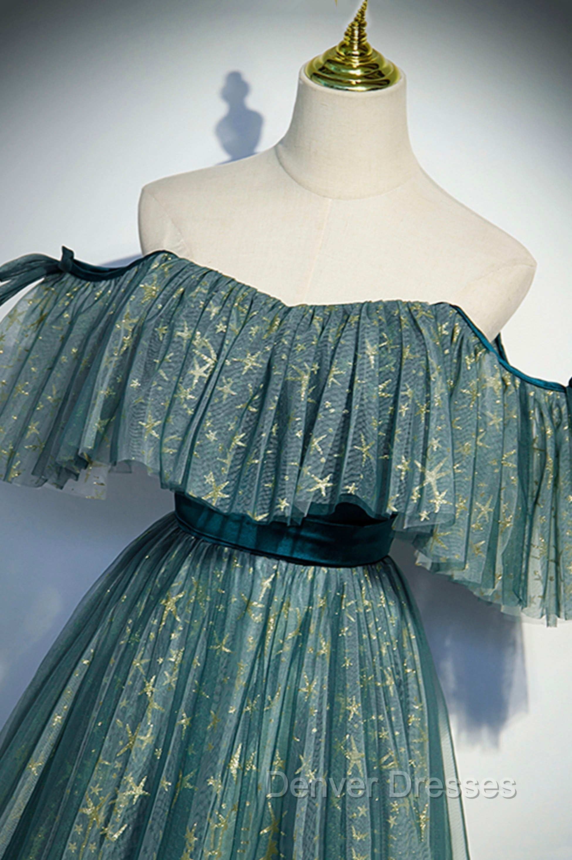 A-Line Off the Shoulder Tulle Long Prom Dress, Green Evening Party Dress Secondary image