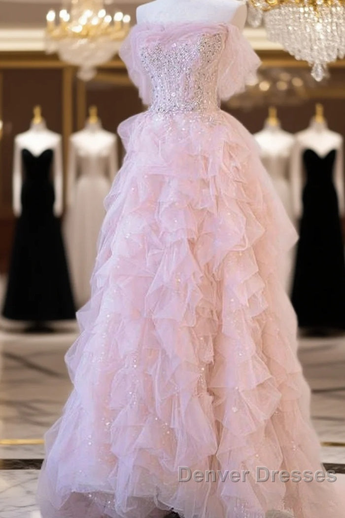 A Line Off The Shoulder Tulle Pink Tiered Prom Dress Evening Dress Main image