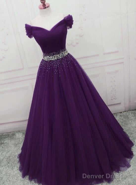 A Line Off The Shoulder Tulle Purple Prom Dresses With Beaded Secondary image