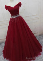 A Line Off The Shoulder Tulle Purple Prom Dresses With Beaded