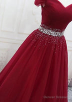 A Line Off The Shoulder Tulle Purple Prom Dresses With Beaded