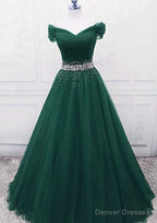 A Line Off The Shoulder Tulle Purple Prom Dresses With Beaded