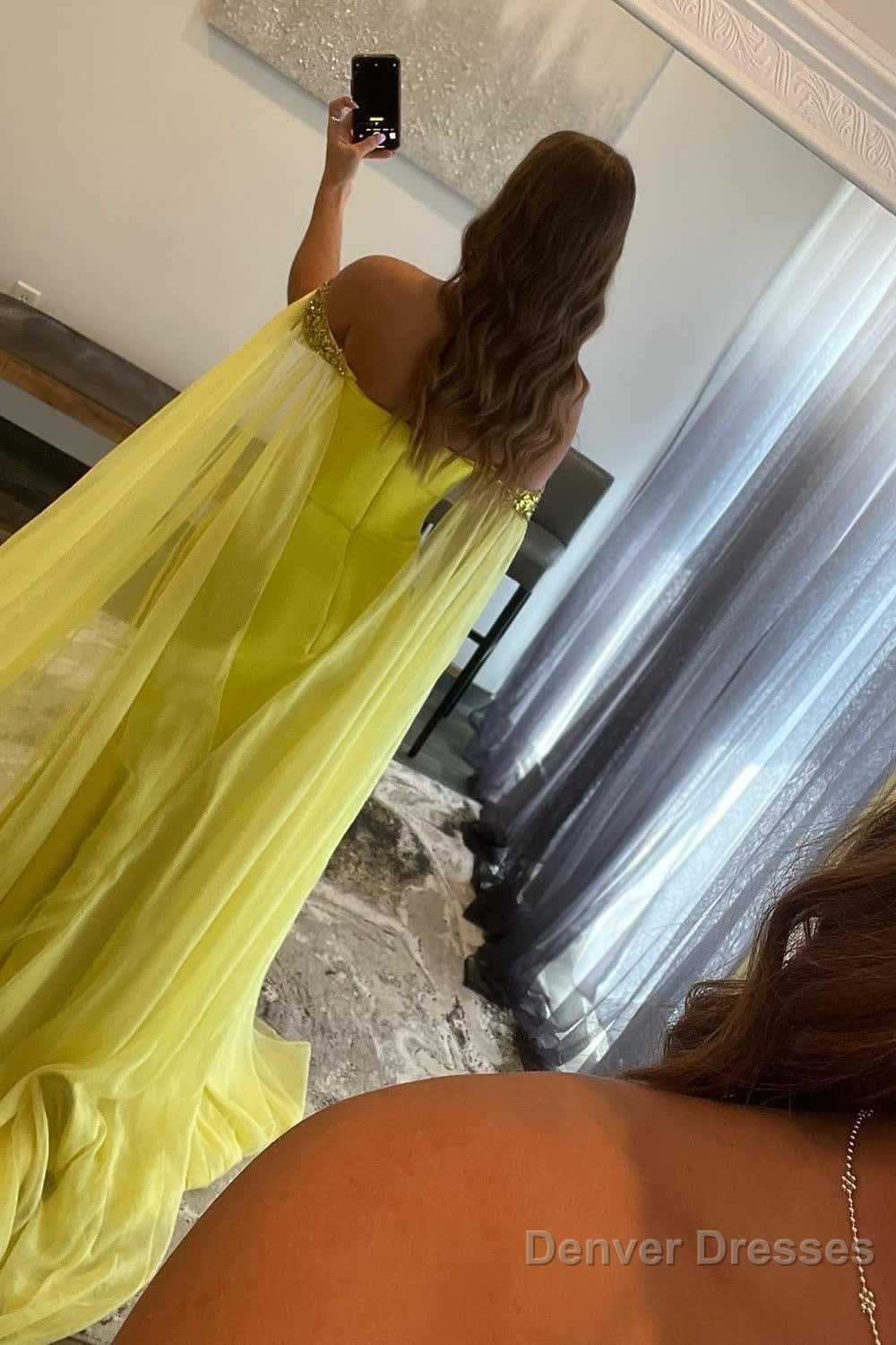 A Line Off the Shoulder Yellow Long Prom Dress with Slit Secondary image