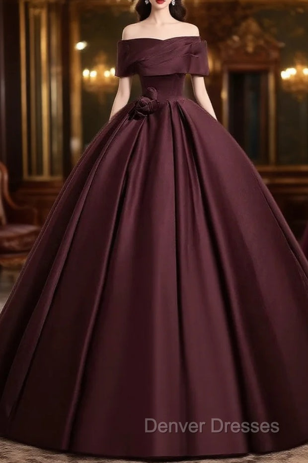 A-Line Off the Shoulders Satin Maroon Long Prom Dress, Maroon Long Formal Dress Main image