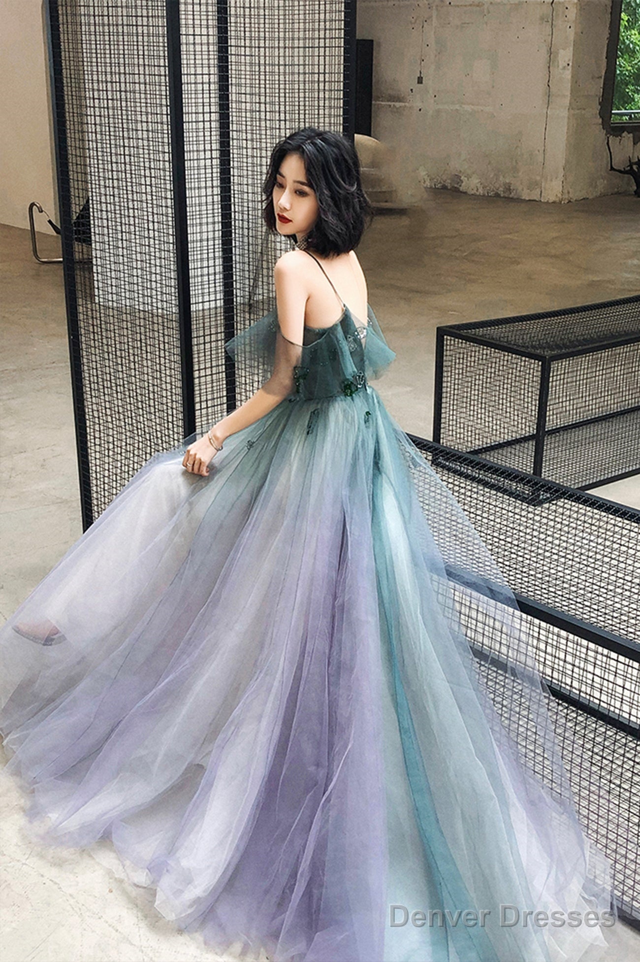 A-Line Ombre Tulle Long Prom Dress, V-Neck Evening Dress Secondary image