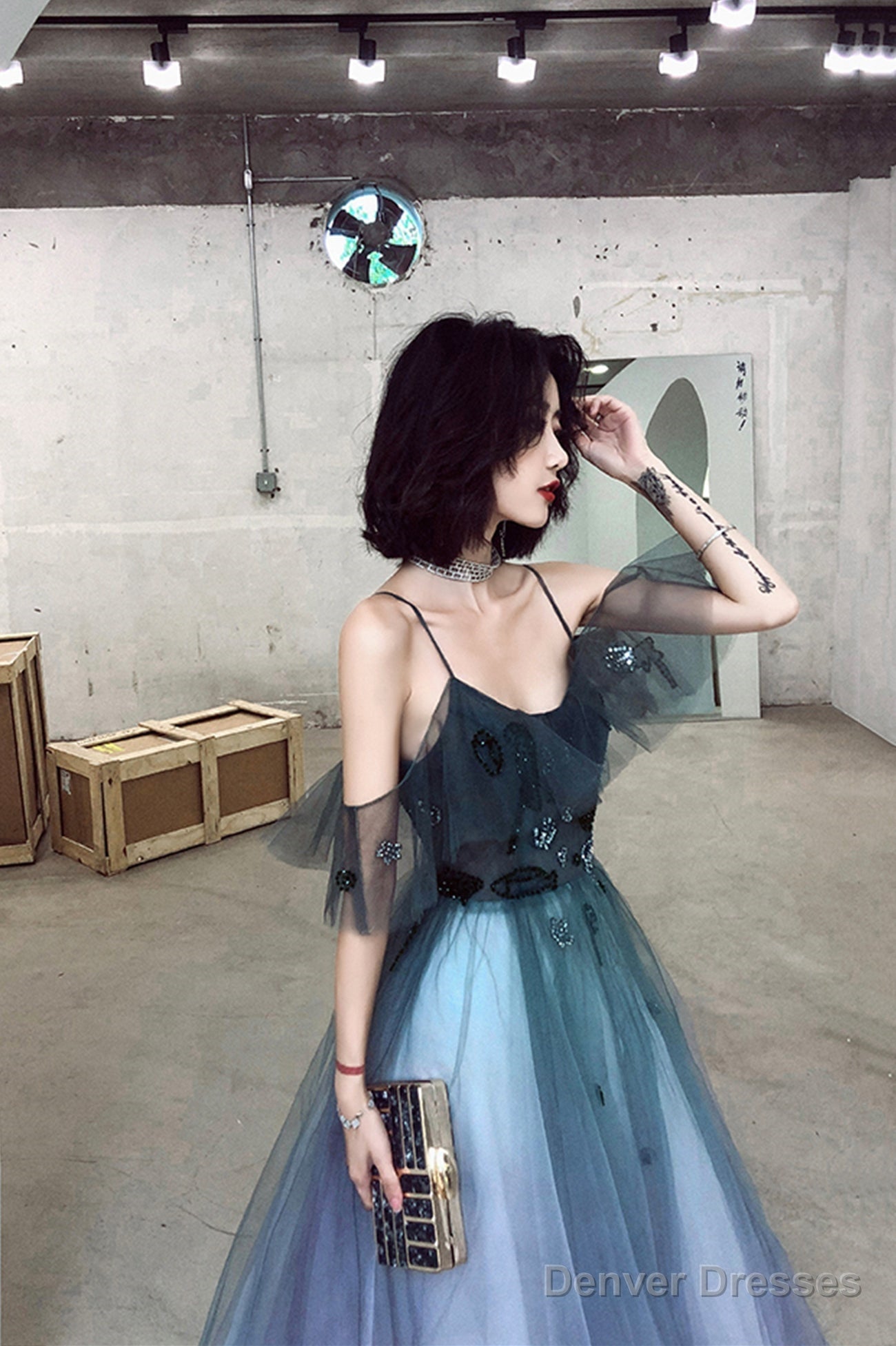 A-Line Ombre Tulle Long Prom Dress, V-Neck Evening Dress