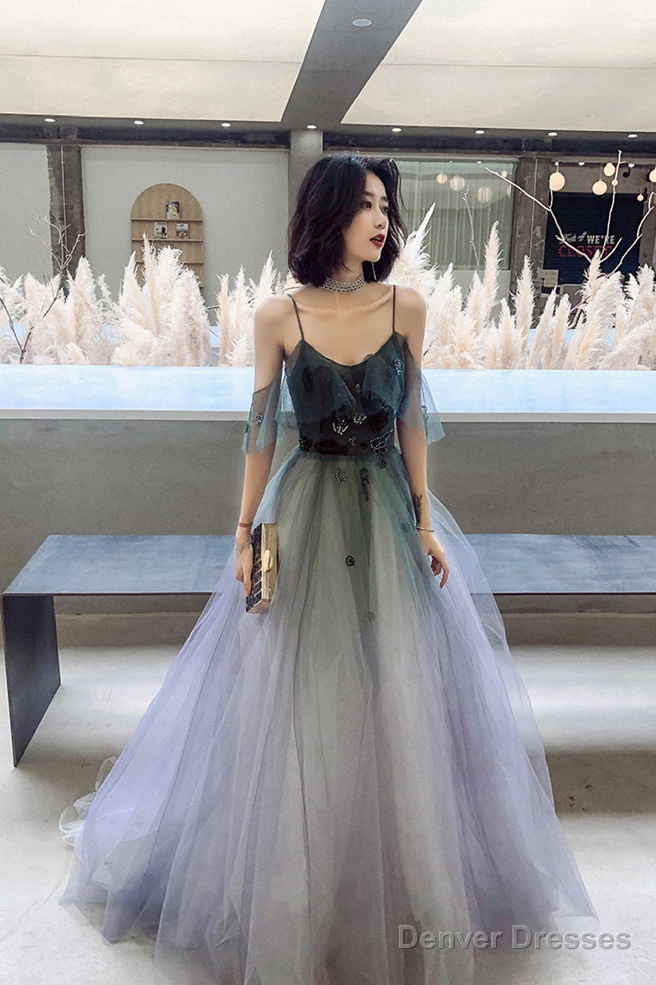 A-Line Ombre Tulle Long Prom Dress, V-Neck Evening Dress Main image