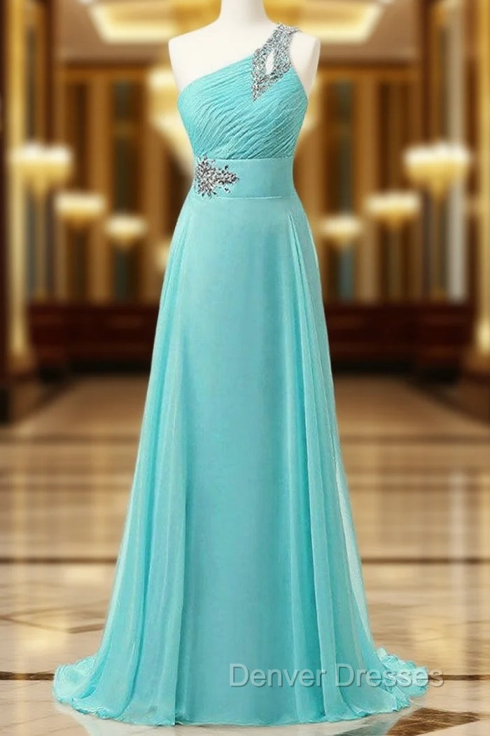 A-Line One Shoulder Chiffon Pleats Crystal Bridesmaid Dress Main image