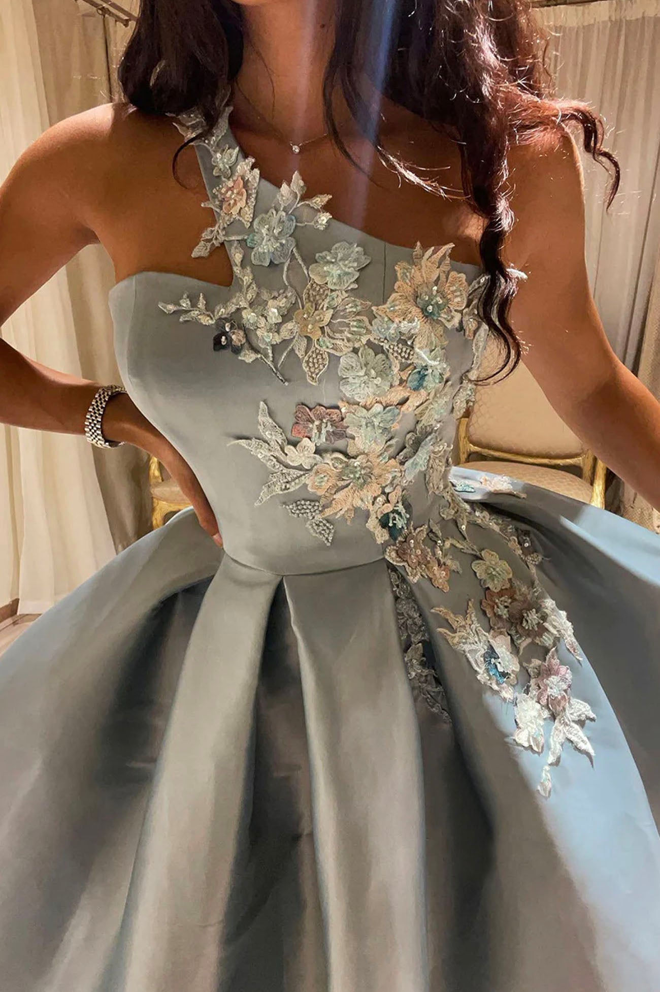 Cute One Shoulder Satin Lace Short Prom Dress, A-Line Party Dress Secondary image