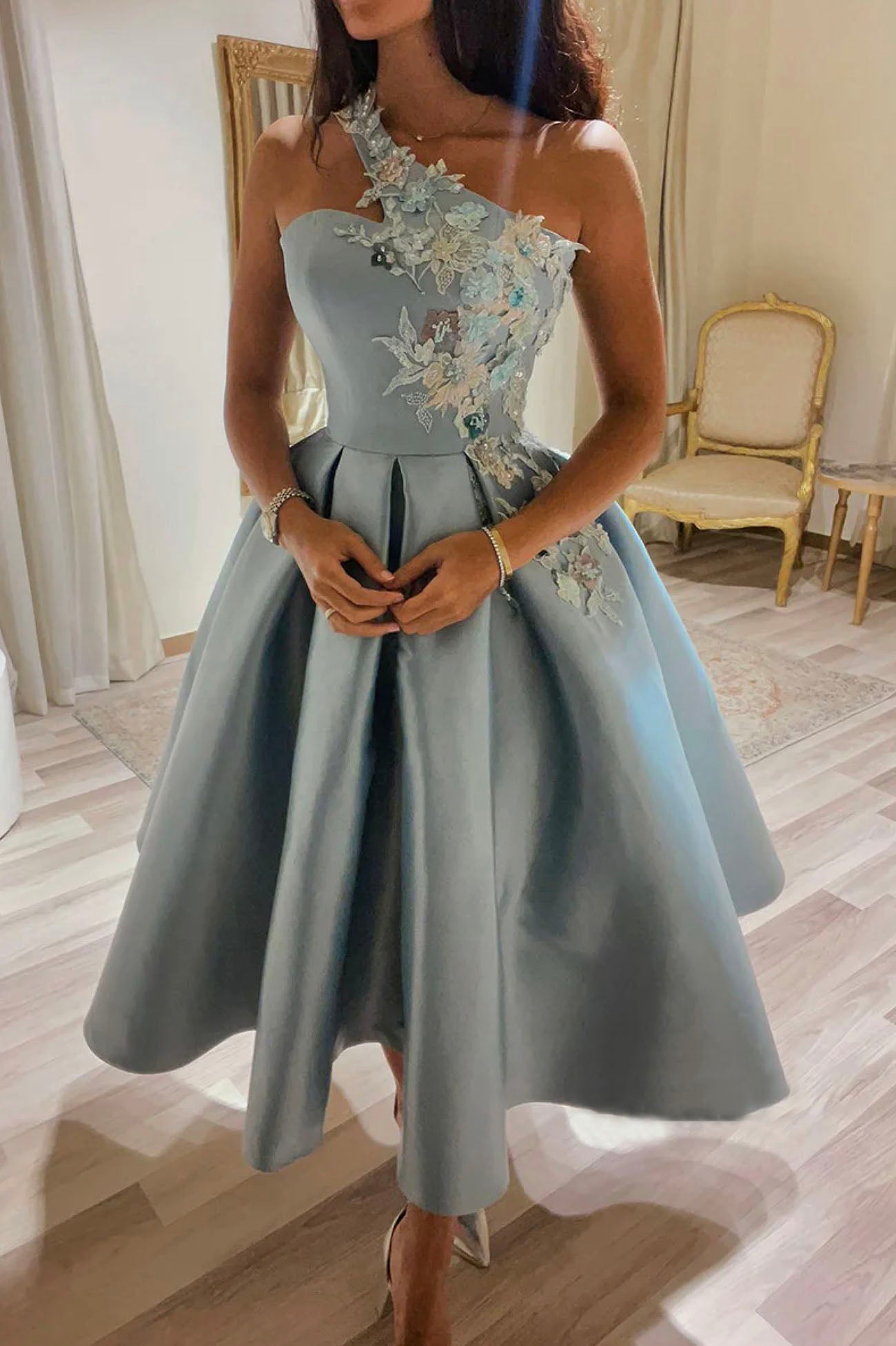 Cute One Shoulder Satin Lace Short Prom Dress, A-Line Party Dress Main image