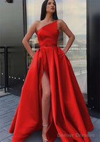 A-line One-Shoulder Long/Floor-Length Satin Prom Dresses With Pockets Waistband Split